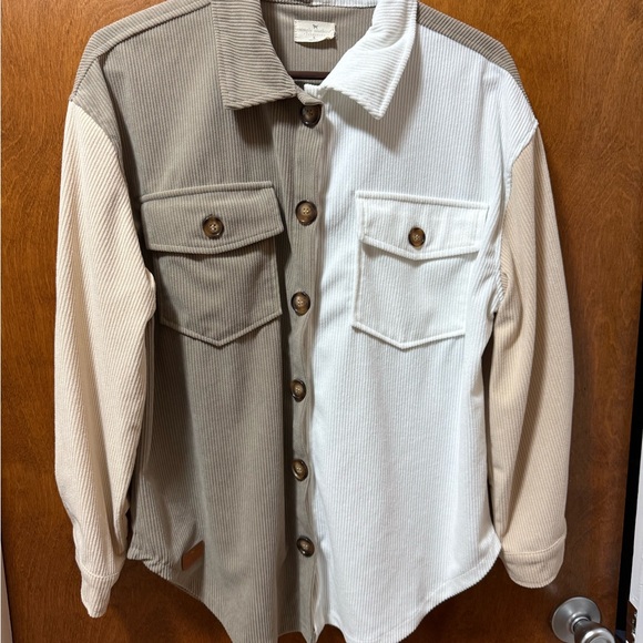 Simply Southern Tops - Simply Southern Color Block Corduroy Shacket Taupe Cream Button Front Small